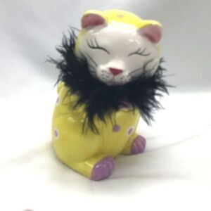 Glamour Cat Figurine Yellow With Feather Boa Collar 5 Inch Ceramic